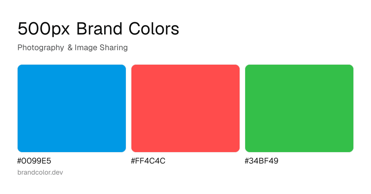 500px brand color palette with hex codes: #0099E5, #FF4C4C, #34BF49