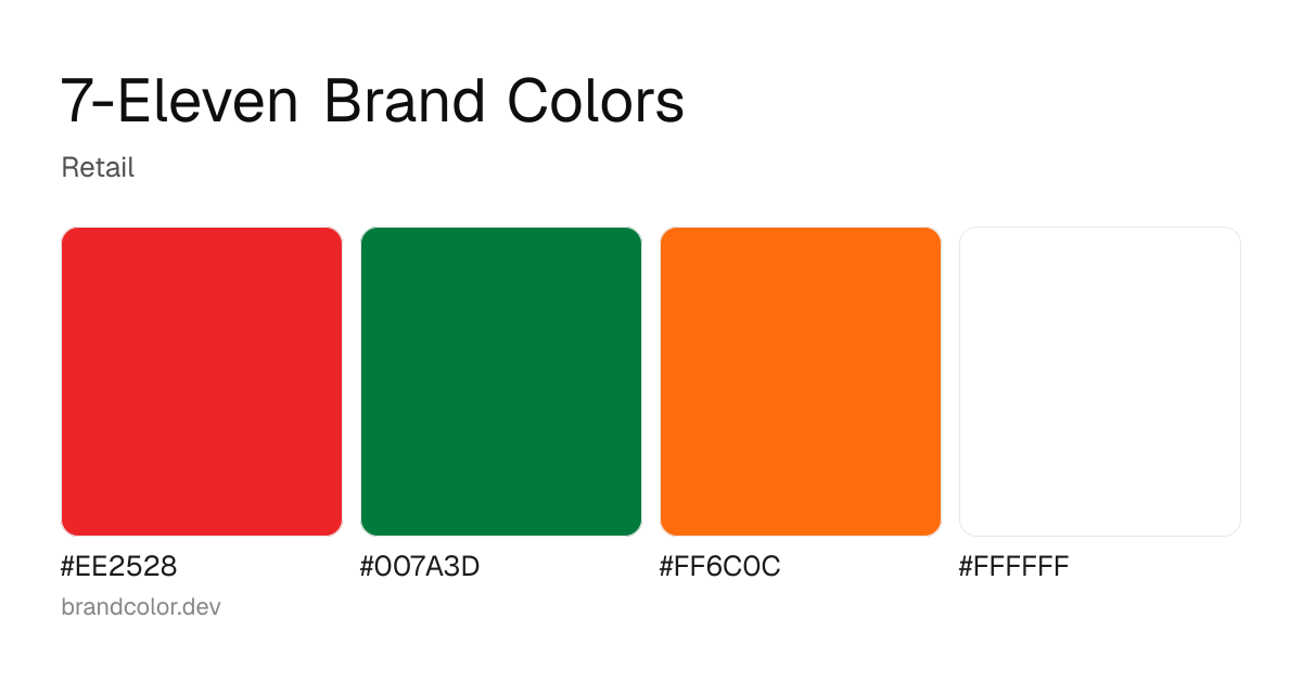 7-Eleven brand color palette with hex codes: #EE2528, #007A3D, #FF6C0C, #FFFFFF