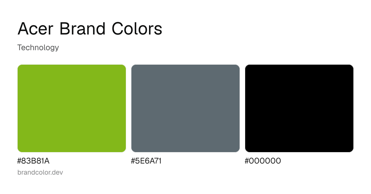Acer brand color palette with hex codes: #83B81A, #5E6A71, #000000