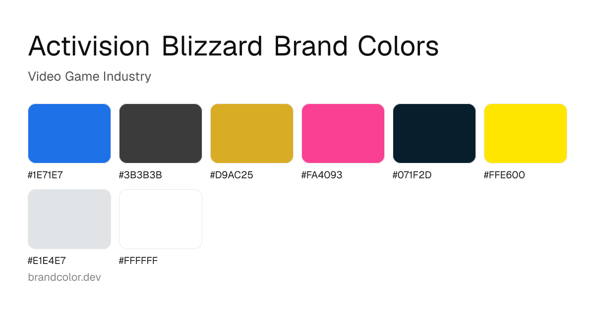Activision Blizzard brand color palette with hex codes: #1E71E7, #3B3B3B, #D9AC25, #FA4093, #071F2D, #FFE600, #E1E4E7, #FFFFFF