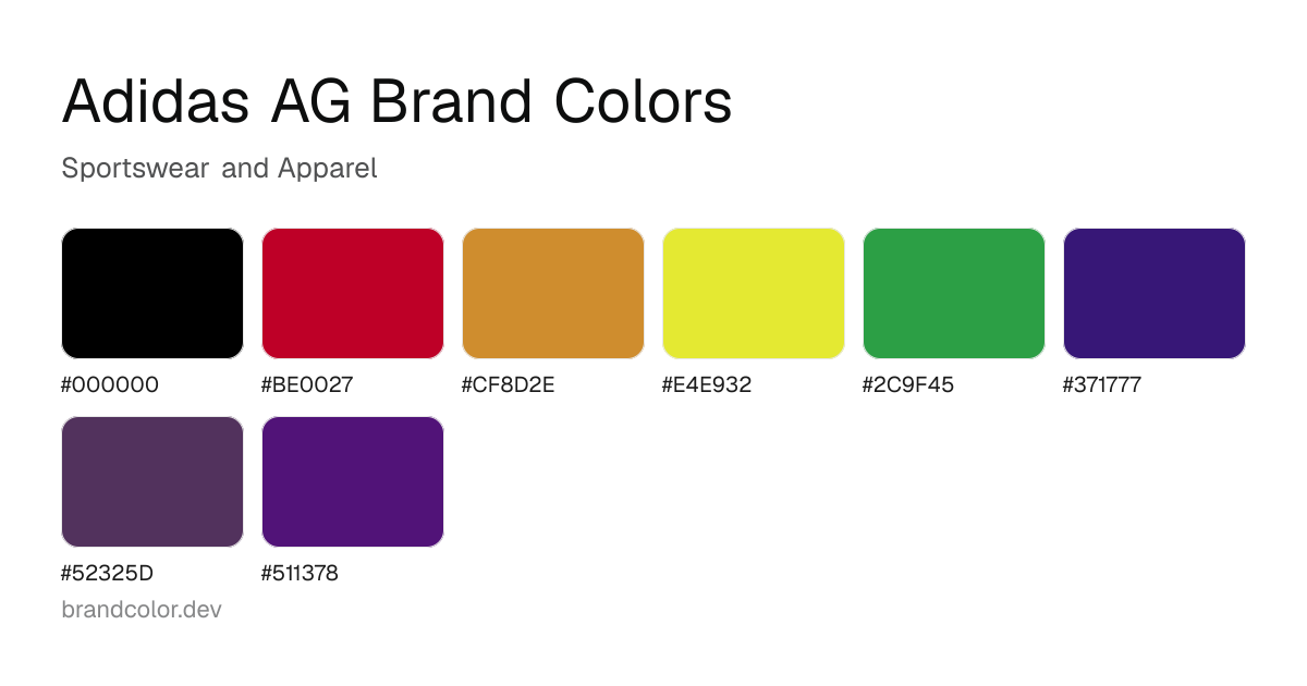 Adidas AG brand color palette with hex codes: #000000, #BE0027, #CF8D2E, #E4E932, #2C9F45, #371777, #52325D, #511378