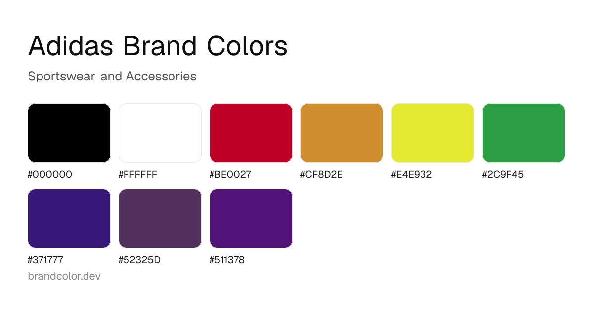 Adidas brand color palette with hex codes: #000000, #FFFFFF, #BE0027, #CF8D2E, #E4E932, #2C9F45, #371777, #52325D, #511378