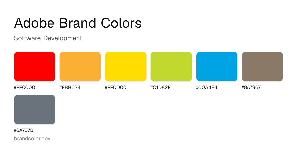Adobe brand color palette with hex codes: #FF0000, #FBB034, #FFDD00, #C1D82F, #00A4E4, #8A7967, #6A737B