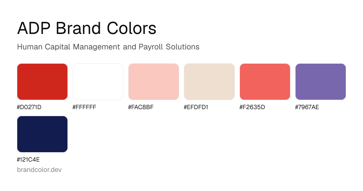 ADP brand color palette with hex codes: #D0271D, #FFFFFF, #FAC8BF, #EFDFD1, #F2635D, #7967AE, #121C4E