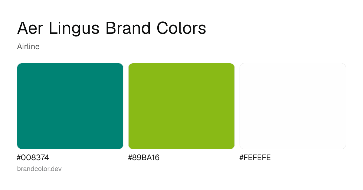 Aer Lingus brand color palette with hex codes: #008374, #89BA16, #FEFEFE