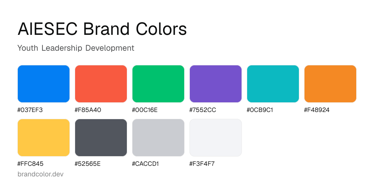 AIESEC brand color palette with hex codes: #037EF3, #F85A40, #00C16E, #7552CC, #0CB9C1, #F48924, #FFC845, #52565E, #CACCD1, #F3F4F7