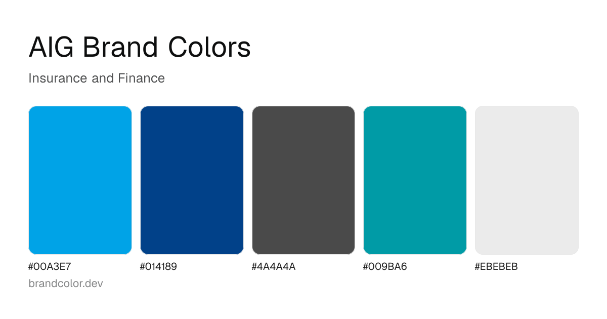 AIG brand color palette with hex codes: #00A3E7, #014189, #4A4A4A, #009BA6, #EBEBEB