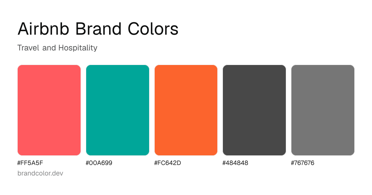 Airbnb brand color palette with hex codes: #FF5A5F, #00A699, #FC642D, #484848, #767676