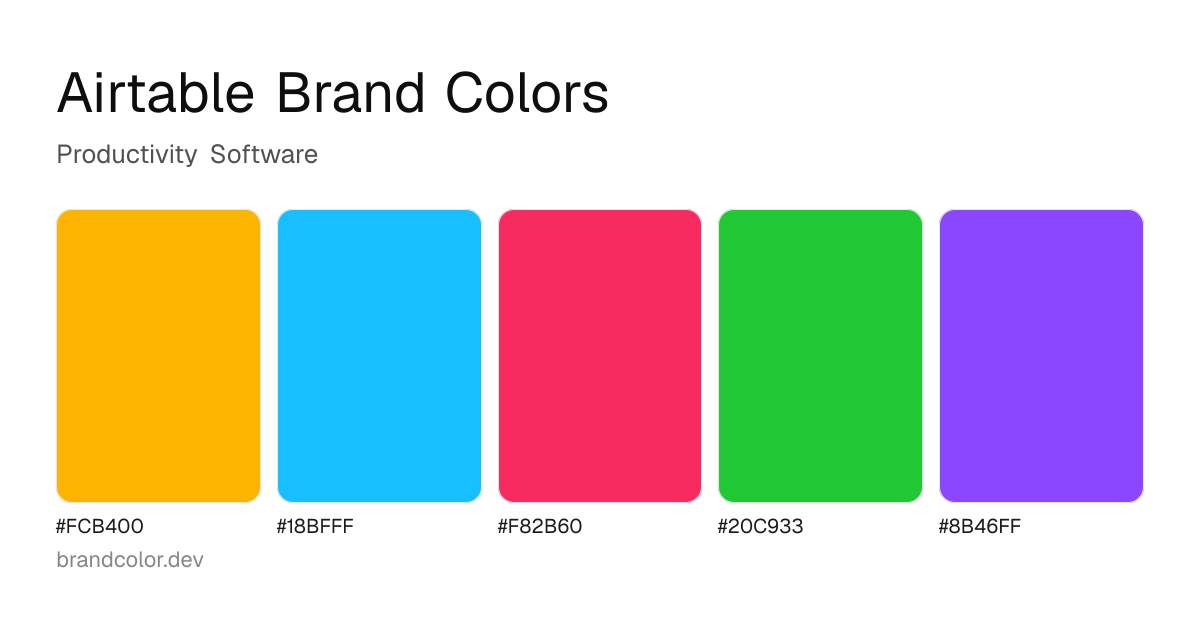 Airtable brand color palette with hex codes: #FCB400, #18BFFF, #F82B60, #20C933, #8B46FF