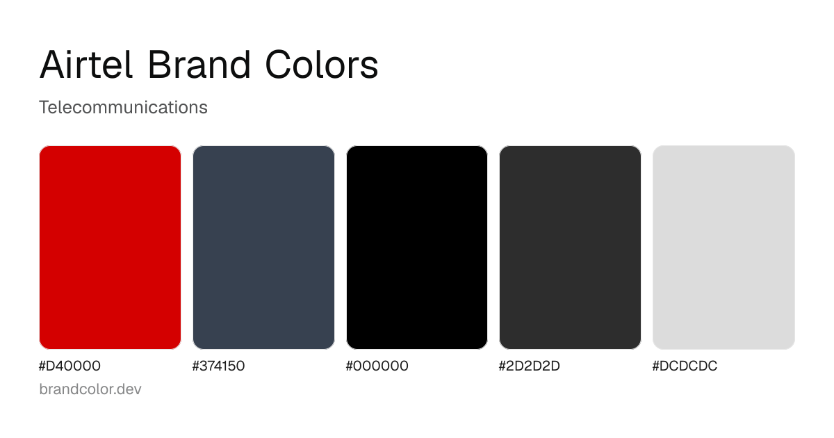 Airtel brand color palette with hex codes: #D40000, #374150, #000000, #2D2D2D, #DCDCDC