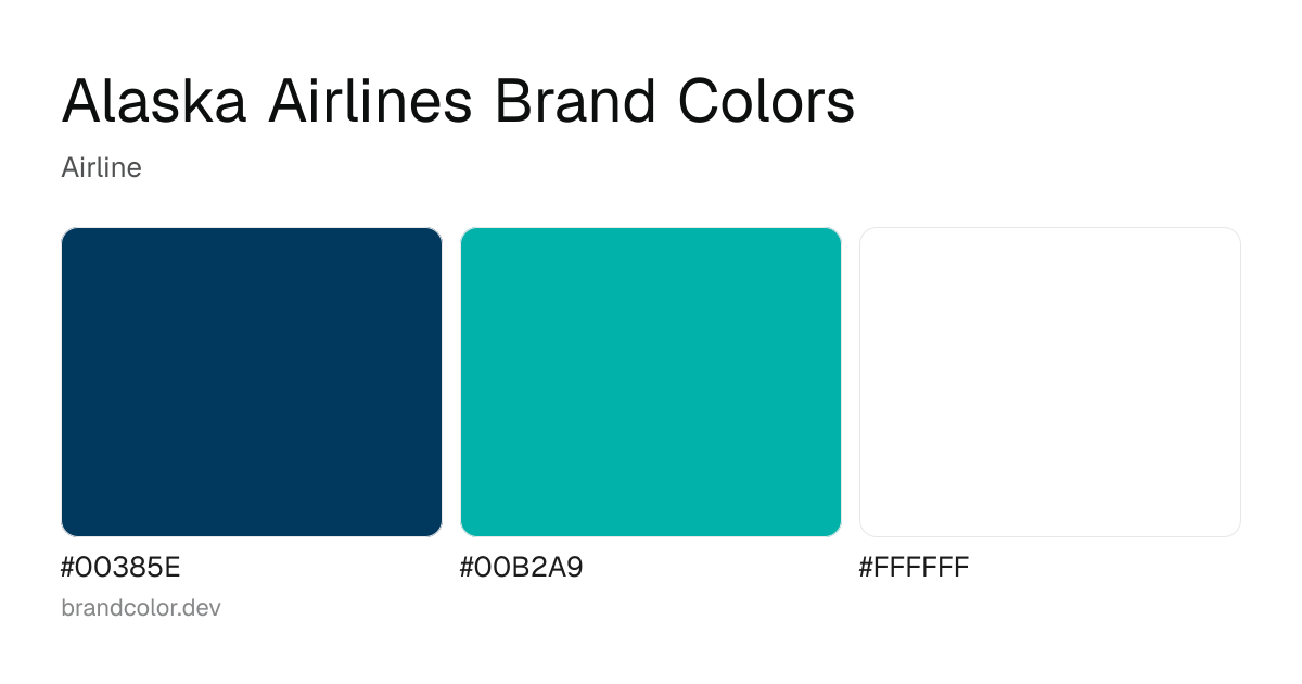 Alaska Airlines brand color palette with hex codes: #00385E, #00B2A9, #FFFFFF