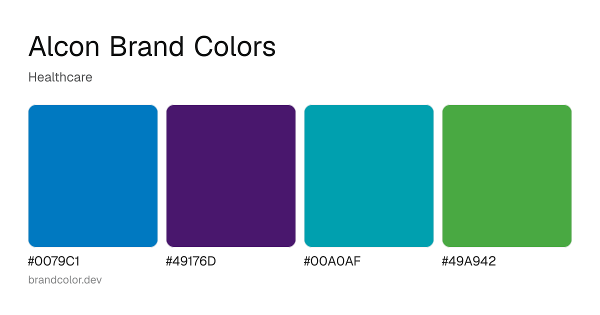 Alcon brand color palette with hex codes: #0079C1, #49176D, #00A0AF, #49A942