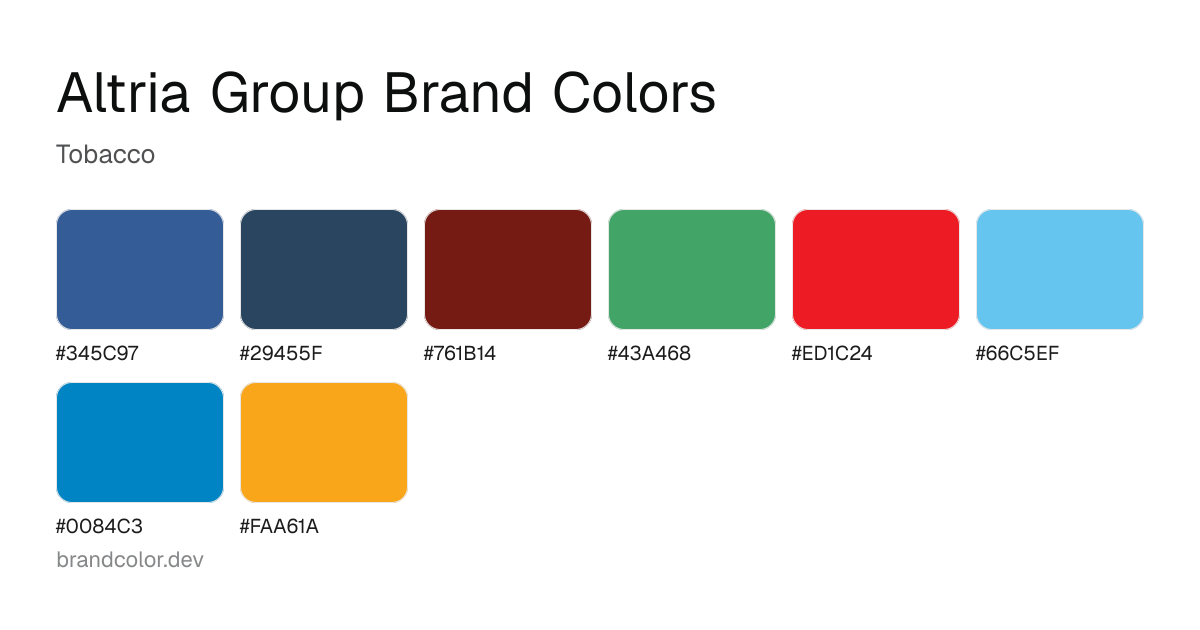 Altria Group brand color palette with hex codes: #345C97, #29455F, #761B14, #43A468, #ED1C24, #66C5EF, #0084C3, #FAA61A