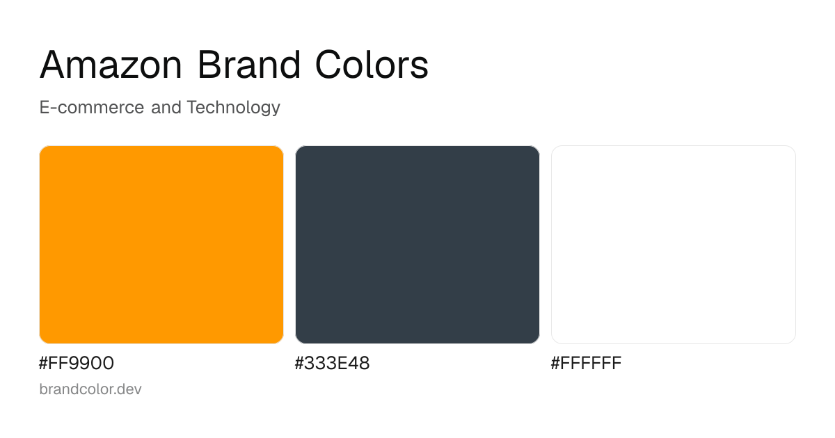 Amazon brand color palette with hex codes: #FF9900, #333E48, #FFFFFF