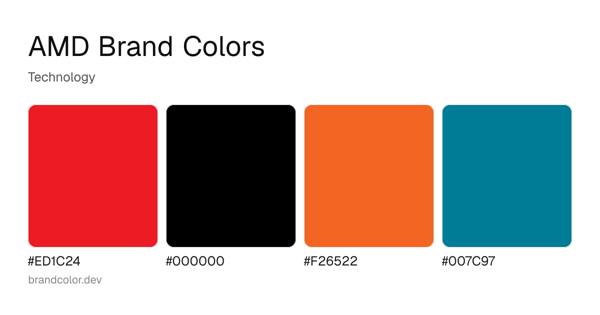 AMD brand color palette with hex codes: #ED1C24, #000000, #F26522, #007C97