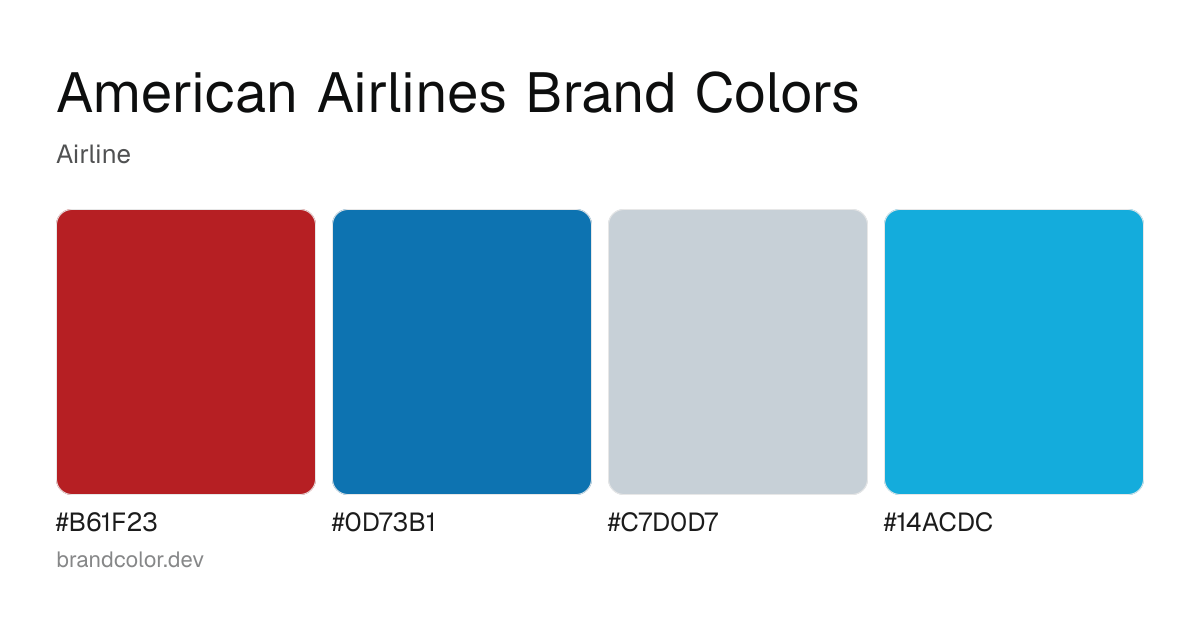 American Airlines brand color palette with hex codes: #B61F23, #0D73B1, #C7D0D7, #14ACDC