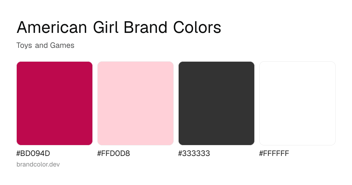American Girl brand color palette with hex codes: #BD094D, #FFD0D8, #333333, #FFFFFF