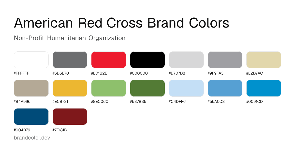 American Red Cross brand color palette with hex codes: #FFFFFF, #6D6E70, #ED1B2E, #000000, #D7D7D8, #9F9FA3, #E2D7AC, #B4A996, #ECB731, #8EC06C, #537B35, #C4DFF6, #56A0D3, #0091CD, #004B79, #7F181B