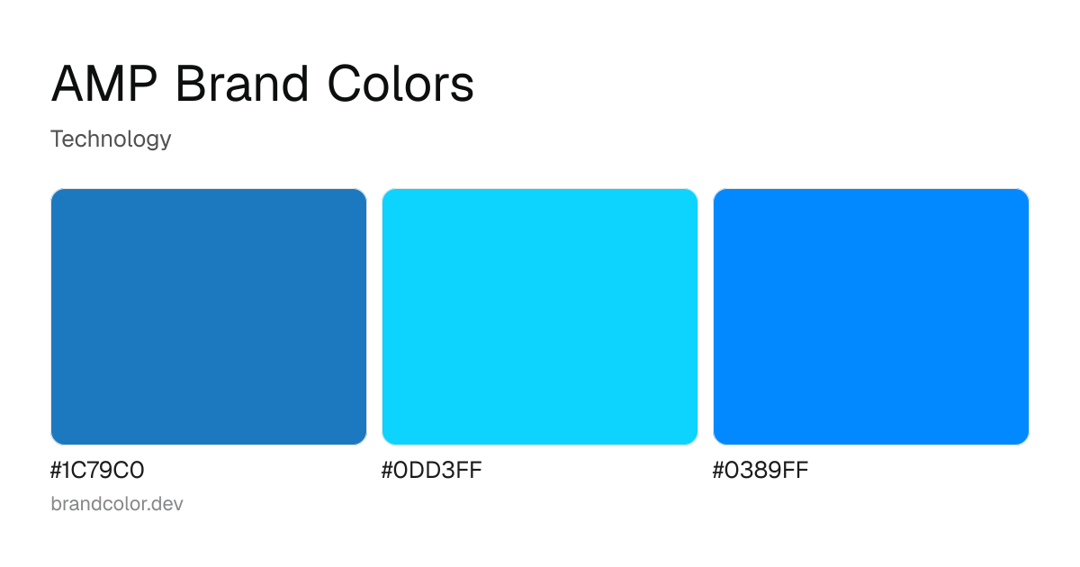 AMP brand color palette with hex codes: #1C79C0, #0DD3FF, #0389FF
