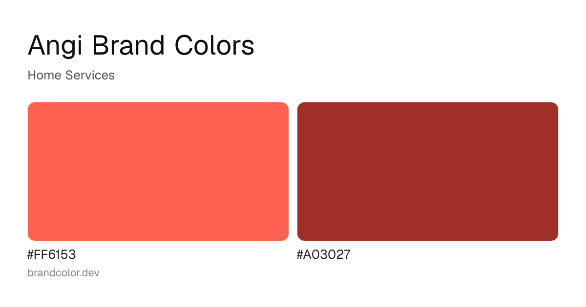 Angi brand color palette with hex codes: #FF6153, #A03027