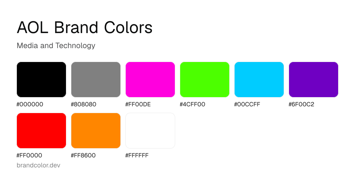 AOL brand color palette with hex codes: #000000, #808080, #FF00DE, #4CFF00, #00CCFF, #6F00C2, #FF0000, #FF8600, #FFFFFF
