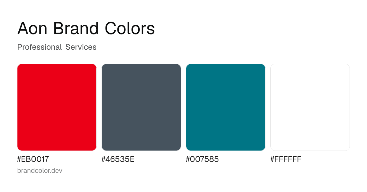 Aon brand color palette with hex codes: #EB0017, #46535E, #007585, #FFFFFF