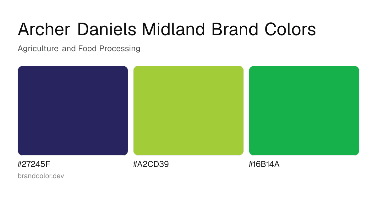 Archer Daniels Midland brand color palette with hex codes: #27245F, #A2CD39, #16B14A