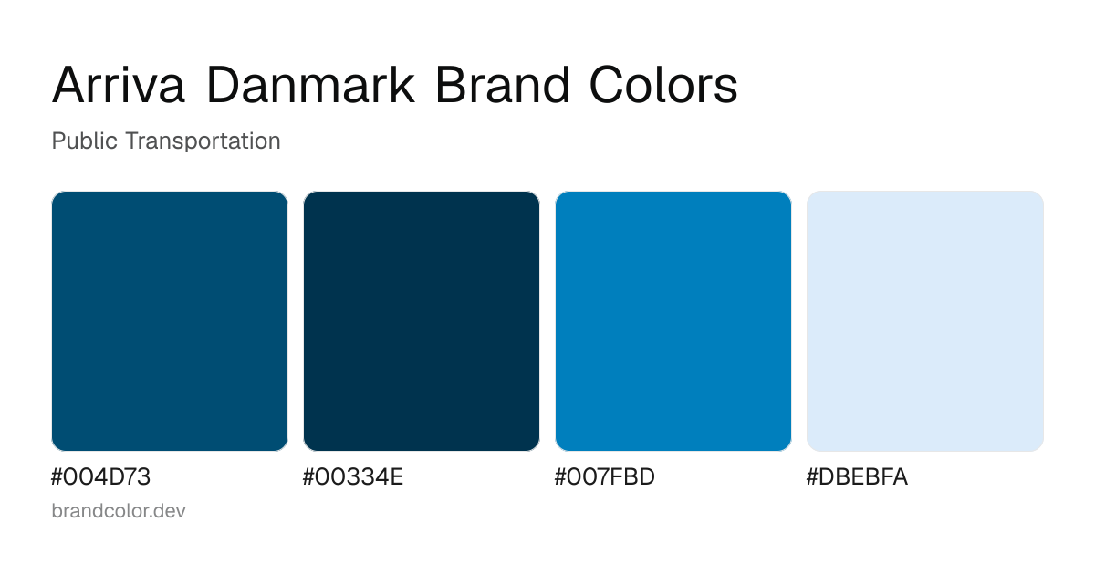 Arriva Danmark brand color palette with hex codes: #004D73, #00334E, #007FBD, #DBEBFA