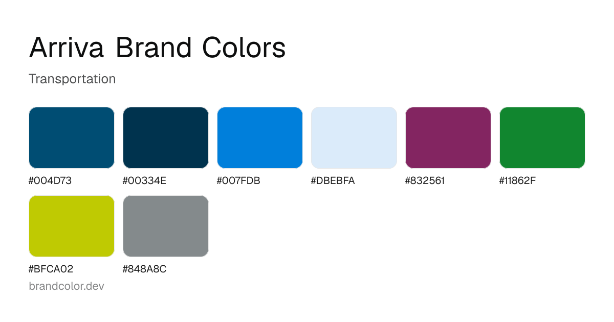 Arriva brand color palette with hex codes: #004D73, #00334E, #007FDB, #DBEBFA, #832561, #11862F, #BFCA02, #848A8C