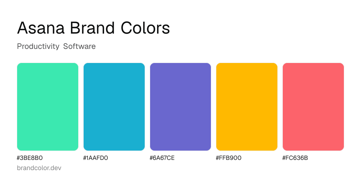 Asana brand color palette with hex codes: #3BE8B0, #1AAFD0, #6A67CE, #FFB900, #FC636B