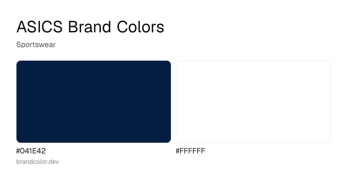 ASICS brand color palette with hex codes: #041E42, #FFFFFF