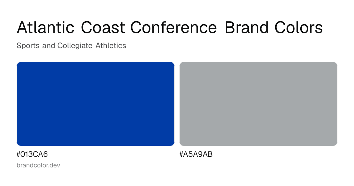 Atlantic Coast Conference brand color palette with hex codes: #013CA6, #A5A9AB