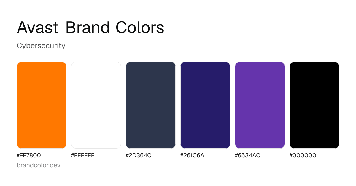 Avast brand color palette with hex codes: #FF7800, #FFFFFF, #2D364C, #261C6A, #6534AC, #000000