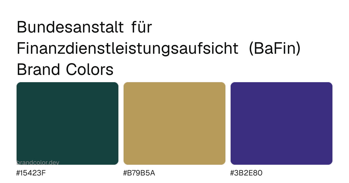 Bundesanstalt für Finanzdienstleistungsaufsicht (BaFin) brand color palette with hex codes: #15423F, #B79B5A, #3B2E80