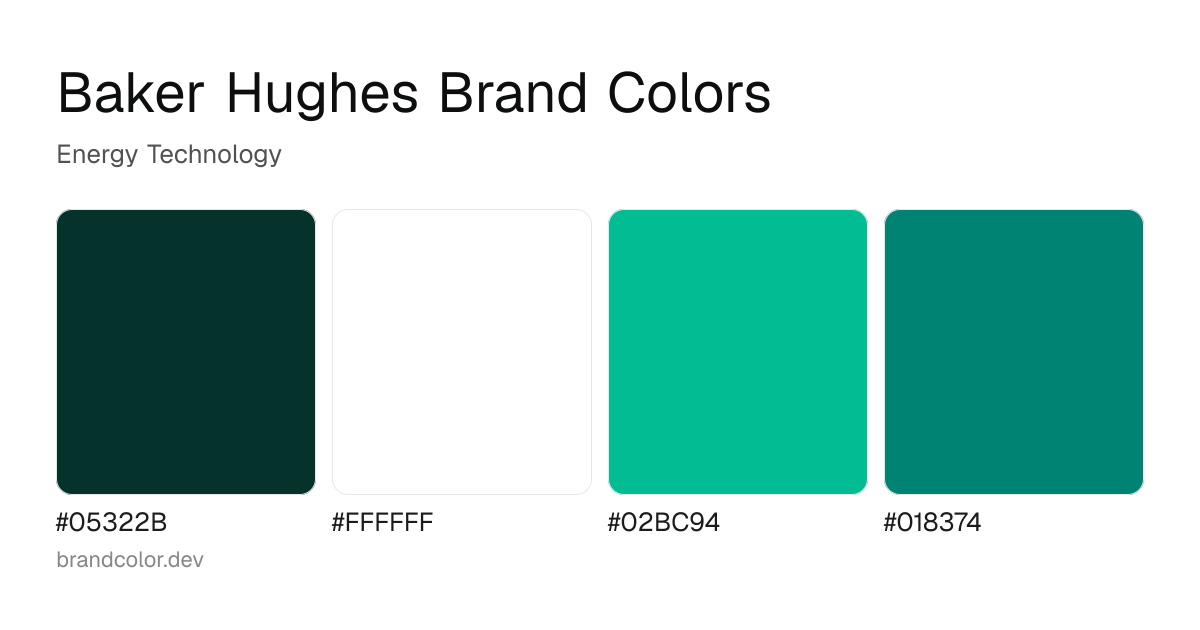 Baker Hughes brand color palette with hex codes: #05322B, #FFFFFF, #02BC94, #018374
