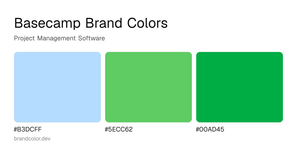 Basecamp brand color palette with hex codes: #B3DCFF, #5ECC62, #00AD45