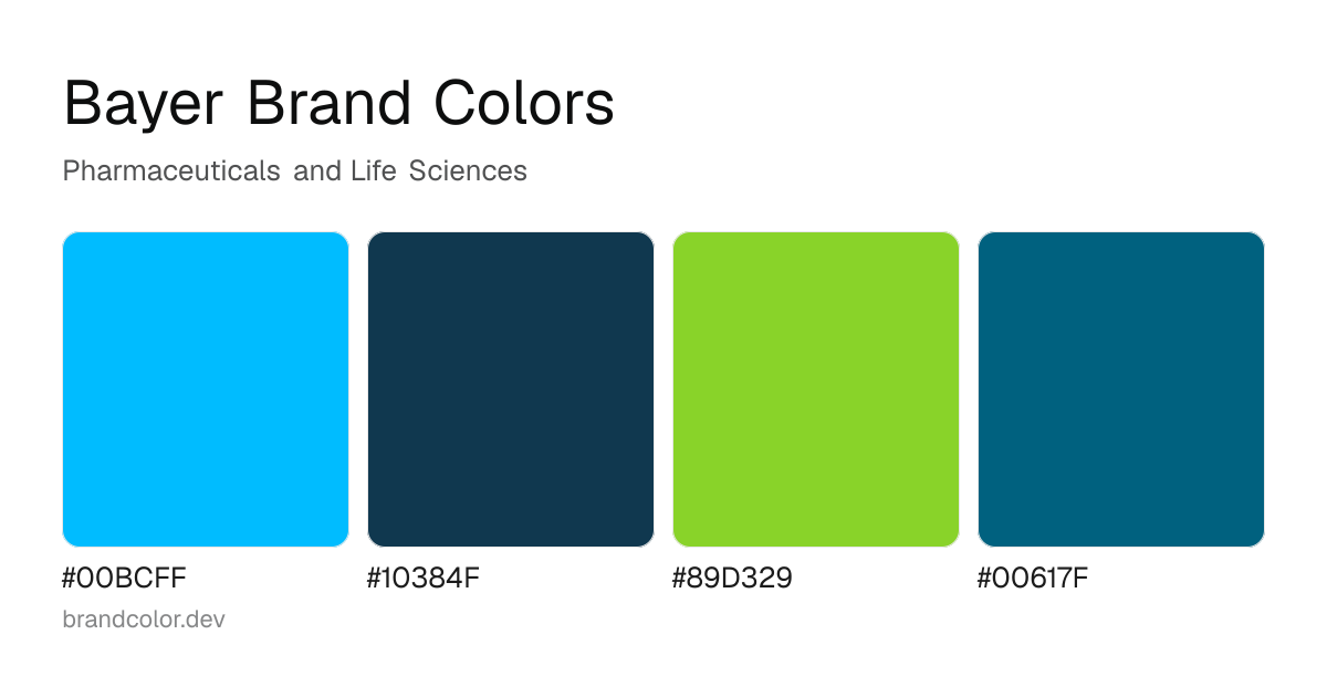 Bayer brand color palette with hex codes: #00BCFF, #10384F, #89D329, #00617F