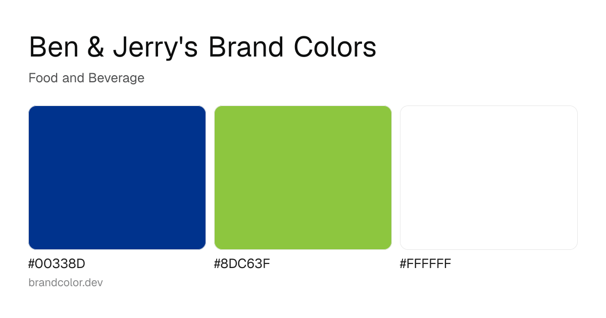 Ben & Jerry's brand color palette with hex codes: #00338D, #8DC63F, #FFFFFF
