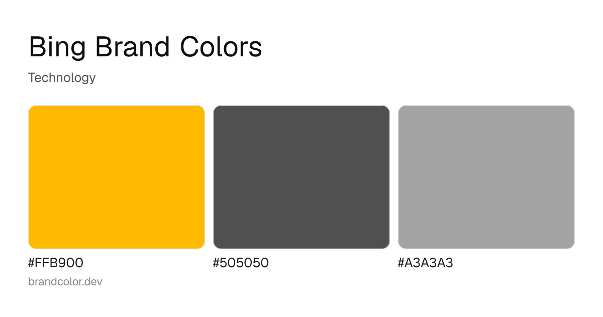 Bing brand color palette with hex codes: #FFB900, #505050, #A3A3A3