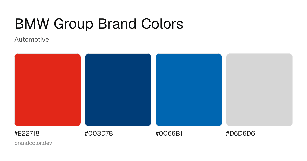 BMW Group brand color palette with hex codes: #E22718, #003D78, #0066B1, #D6D6D6