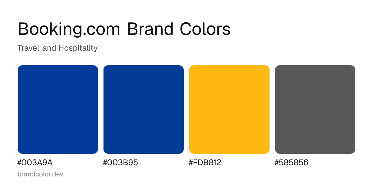 Booking.com brand color palette with hex codes: #003A9A, #003B95, #FDB812, #585856