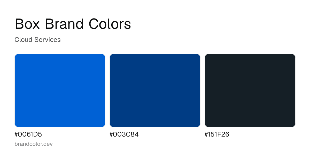 Box brand color palette with hex codes: #0061D5, #003C84, #151F26