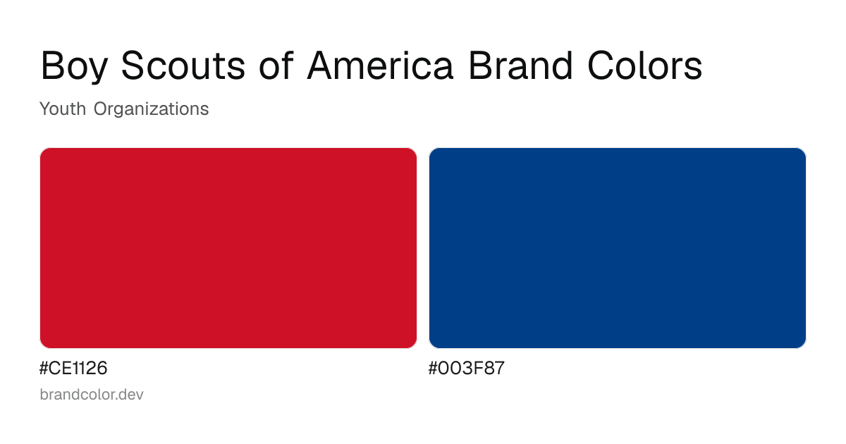 Boy Scouts of America brand color palette with hex codes: #CE1126, #003F87