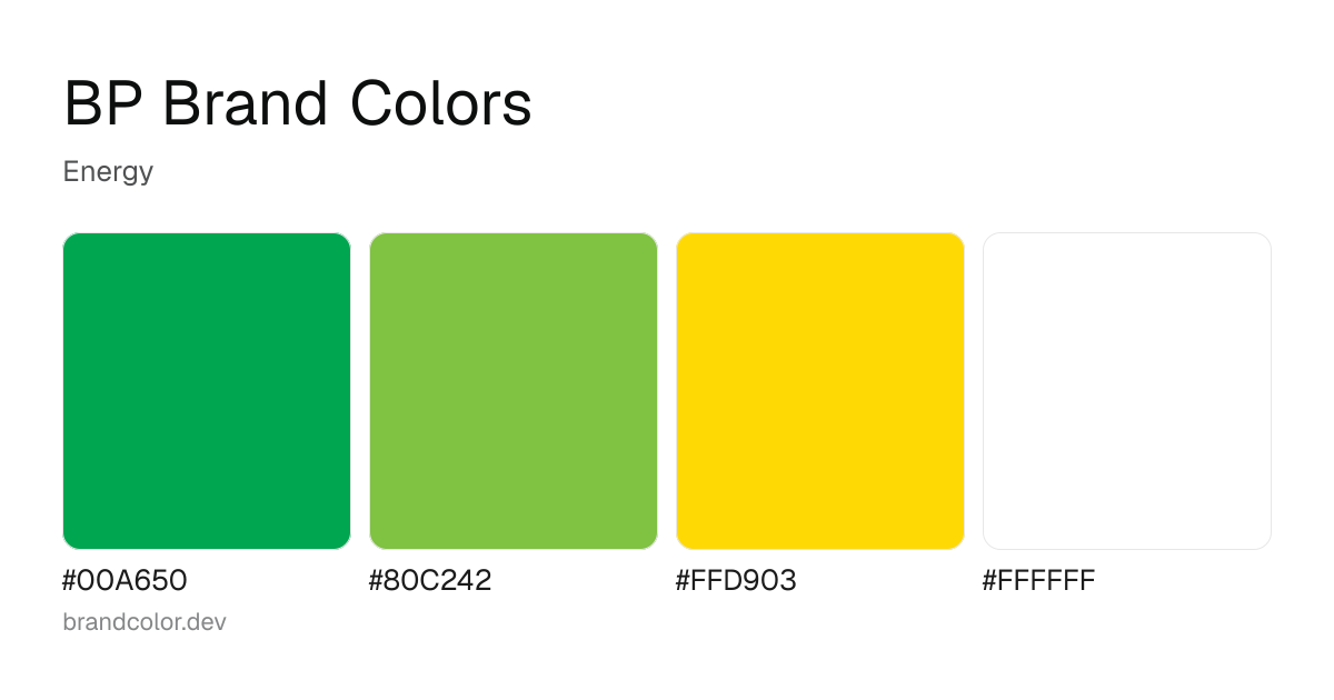 BP brand color palette with hex codes: #00A650, #80C242, #FFD903, #FFFFFF