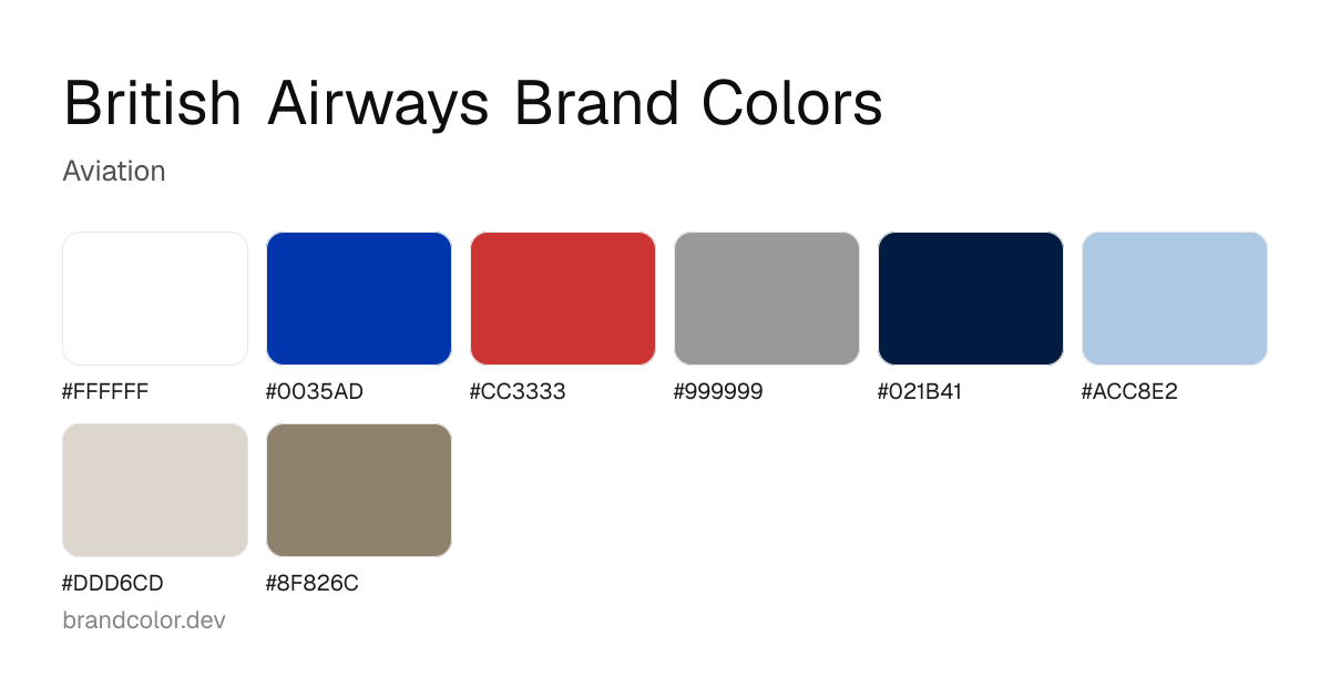 British Airways brand color palette with hex codes: #FFFFFF, #0035AD, #CC3333, #999999, #021B41, #ACC8E2, #DDD6CD, #8F826C