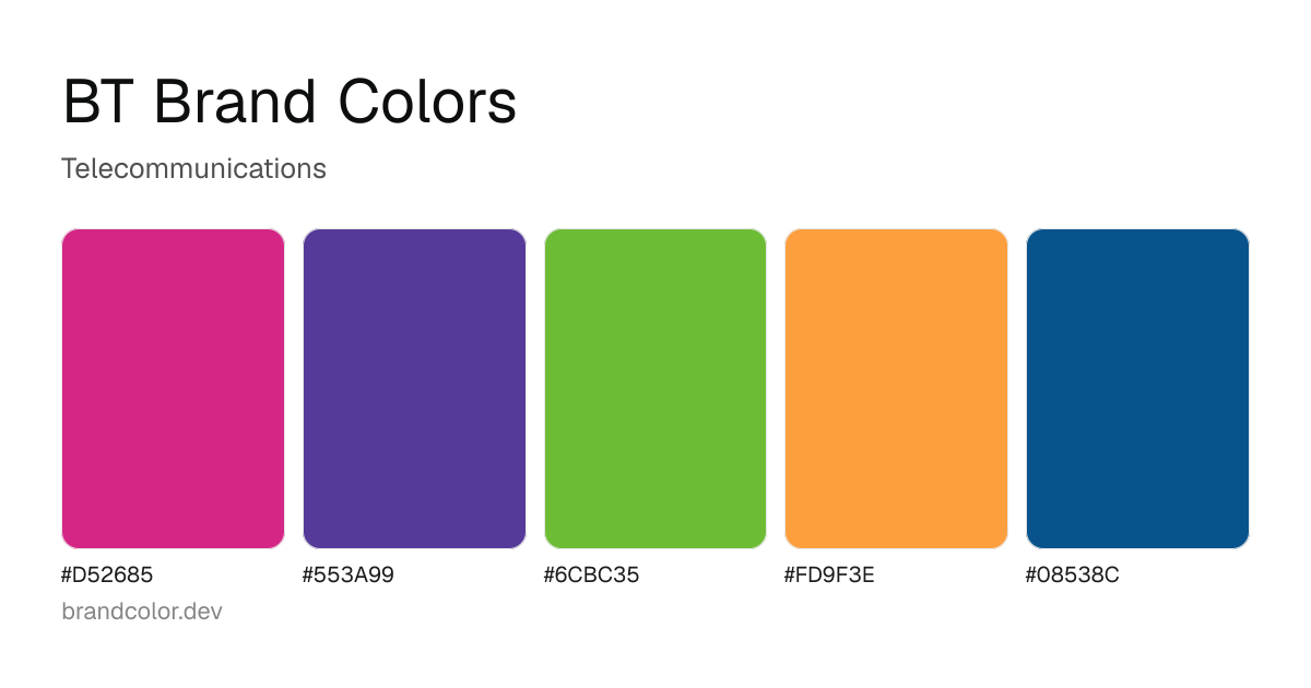 BT brand color palette with hex codes: #D52685, #553A99, #6CBC35, #FD9F3E, #08538C
