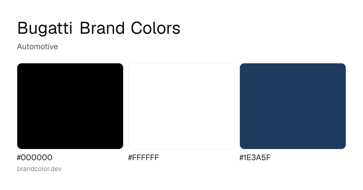Bugatti brand color palette with hex codes: #000000, #FFFFFF, #1E3A5F