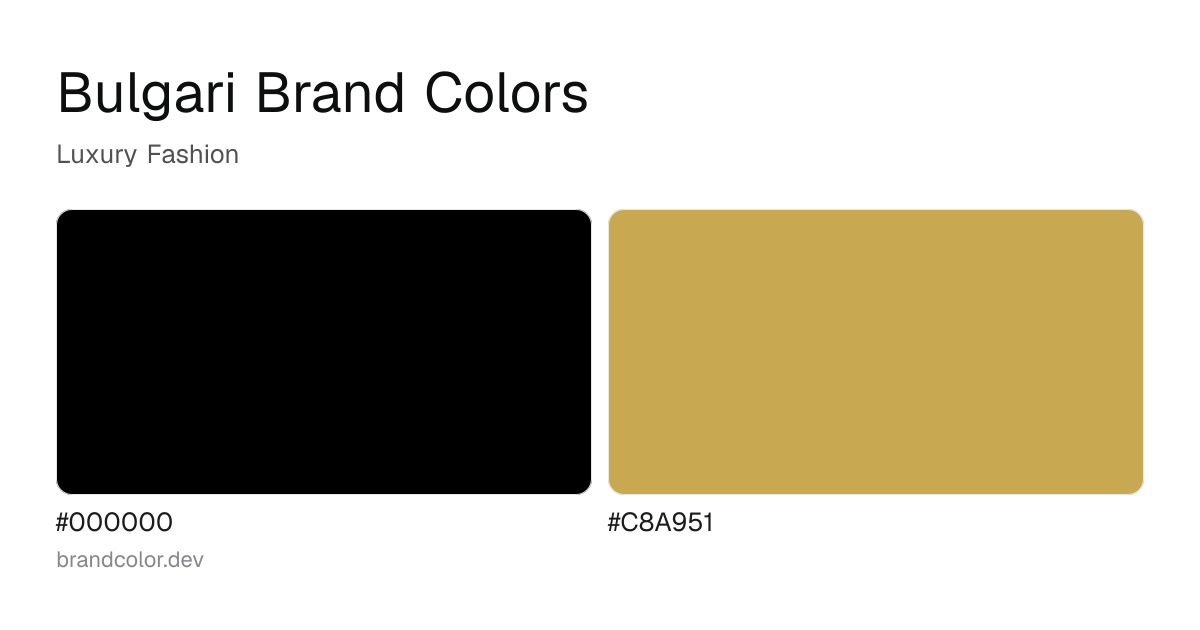 Bulgari brand color palette with hex codes: #000000, #C8A951