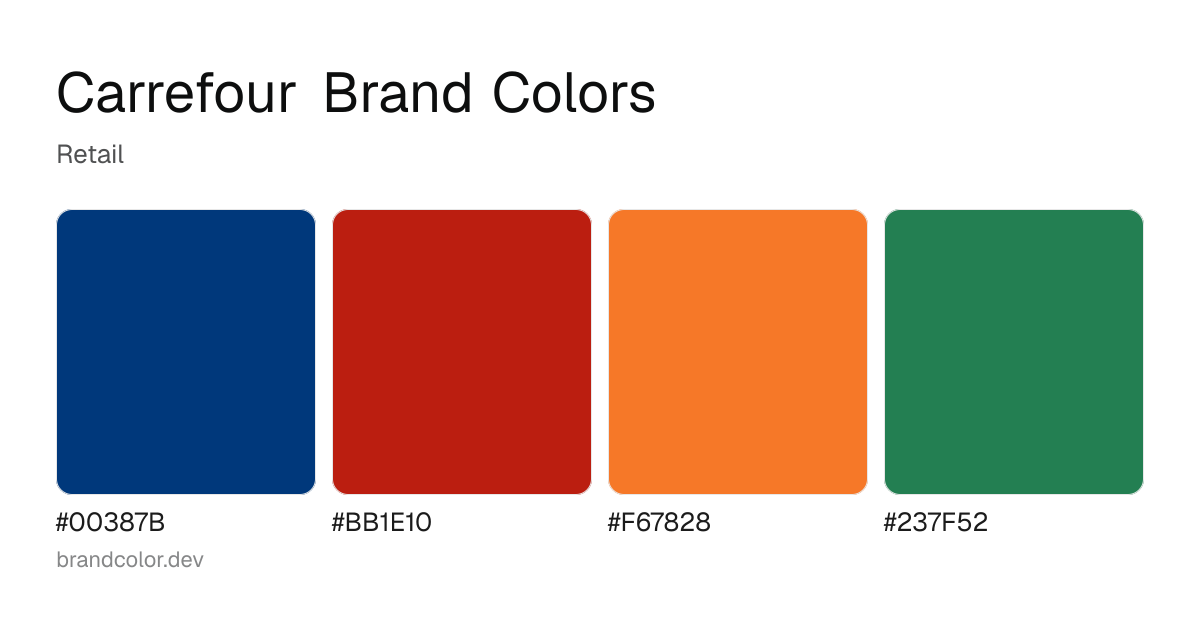 Carrefour brand color palette with hex codes: #00387B, #BB1E10, #F67828, #237F52