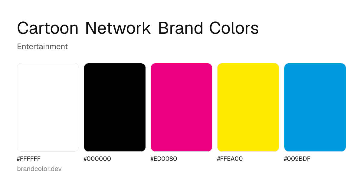 Cartoon Network brand color palette with hex codes: #FFFFFF, #000000, #ED0080, #FFEA00, #009BDF